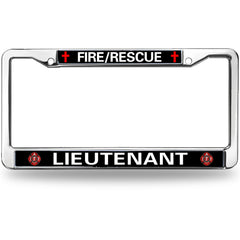 Fire Rescue Lieutenant License Plate Frame - Chrome Metal with Red Maltese Cross