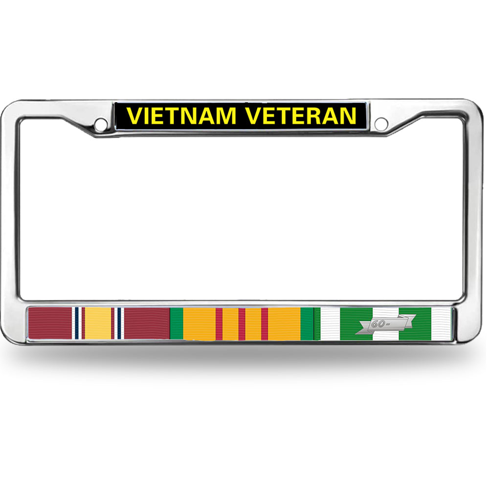 Vietnam Veteran License Plate Frame - Chrome Metal with Service Ribbon Bar Display