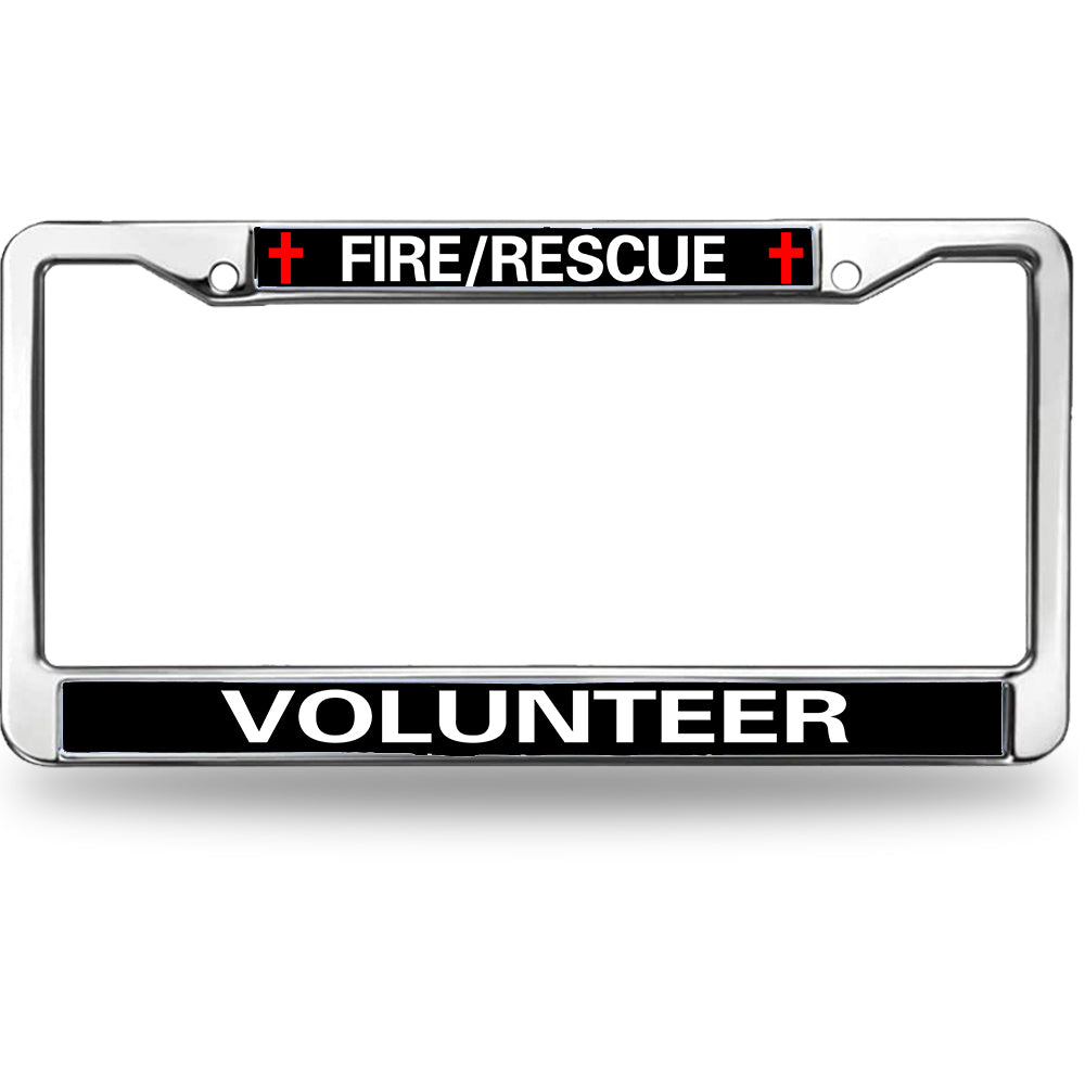 Fire Rescue Volunteer License Plate Frame - Chrome Metal Firefighter Car Tag Holder