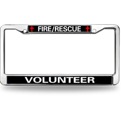 Fire Rescue Volunteer License Plate Frame - Chrome Metal Firefighter Car Tag Holder