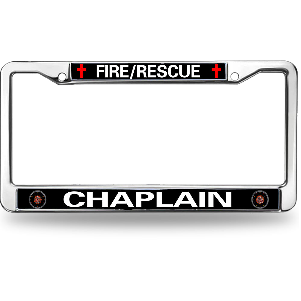 Fire Rescue Chaplain License Plate Frame - Chrome Metal with Red Cross