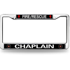 Fire Rescue Chaplain License Plate Frame - Chrome Metal with Red Cross