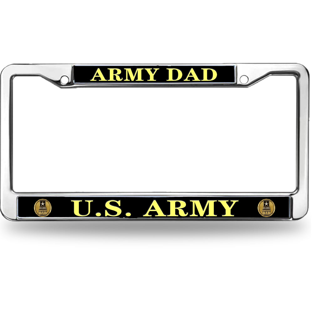 Army Dad License Plate Frame - U.S. Army Dad Chrome Metal Car Tag Holder with Gold Lettering