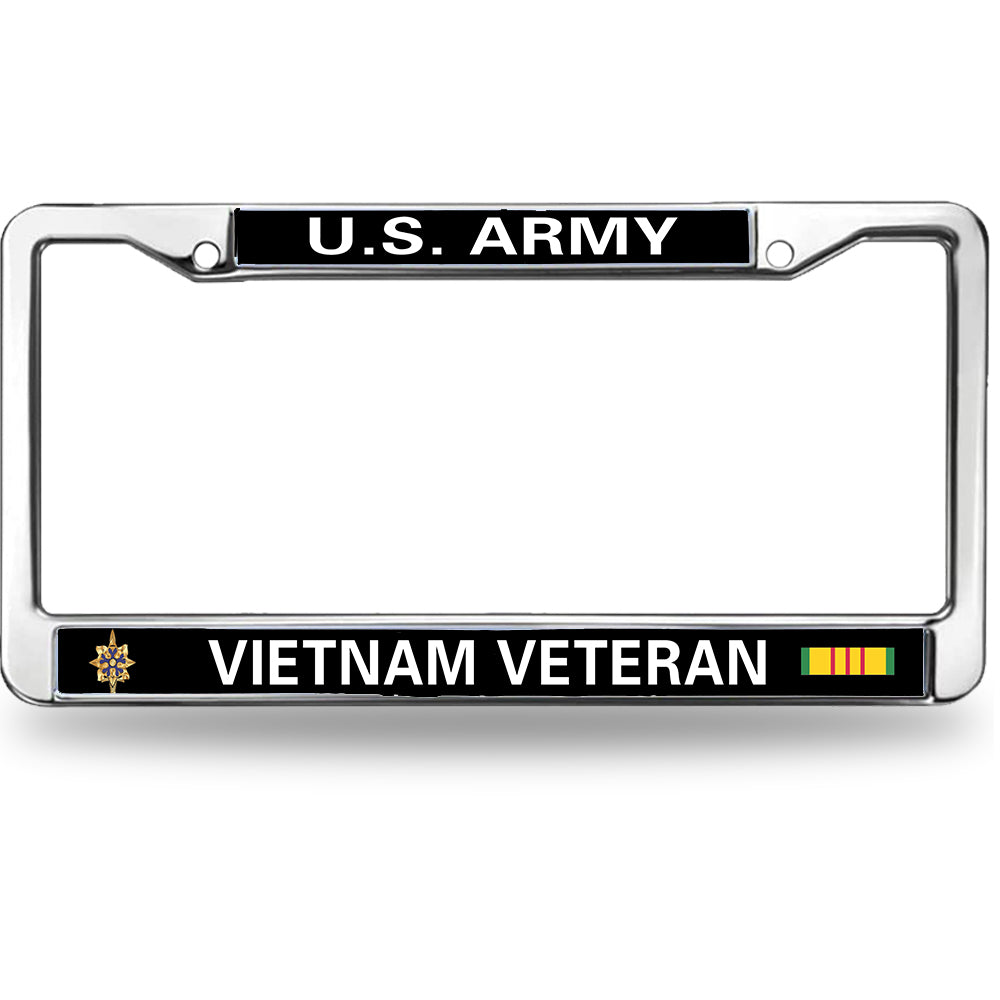 U.S. Army Vietnam Veteran License Plate Frame - Chrome Metal with Military Badge & Service Ribbon