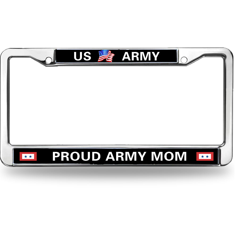 US Army Proud Mom License Plate Frame - Chrome Metal Military Car Tag Holder with American Flag