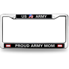 US Army Proud Mom License Plate Frame - Chrome Metal Military Car Tag Holder with American Flag