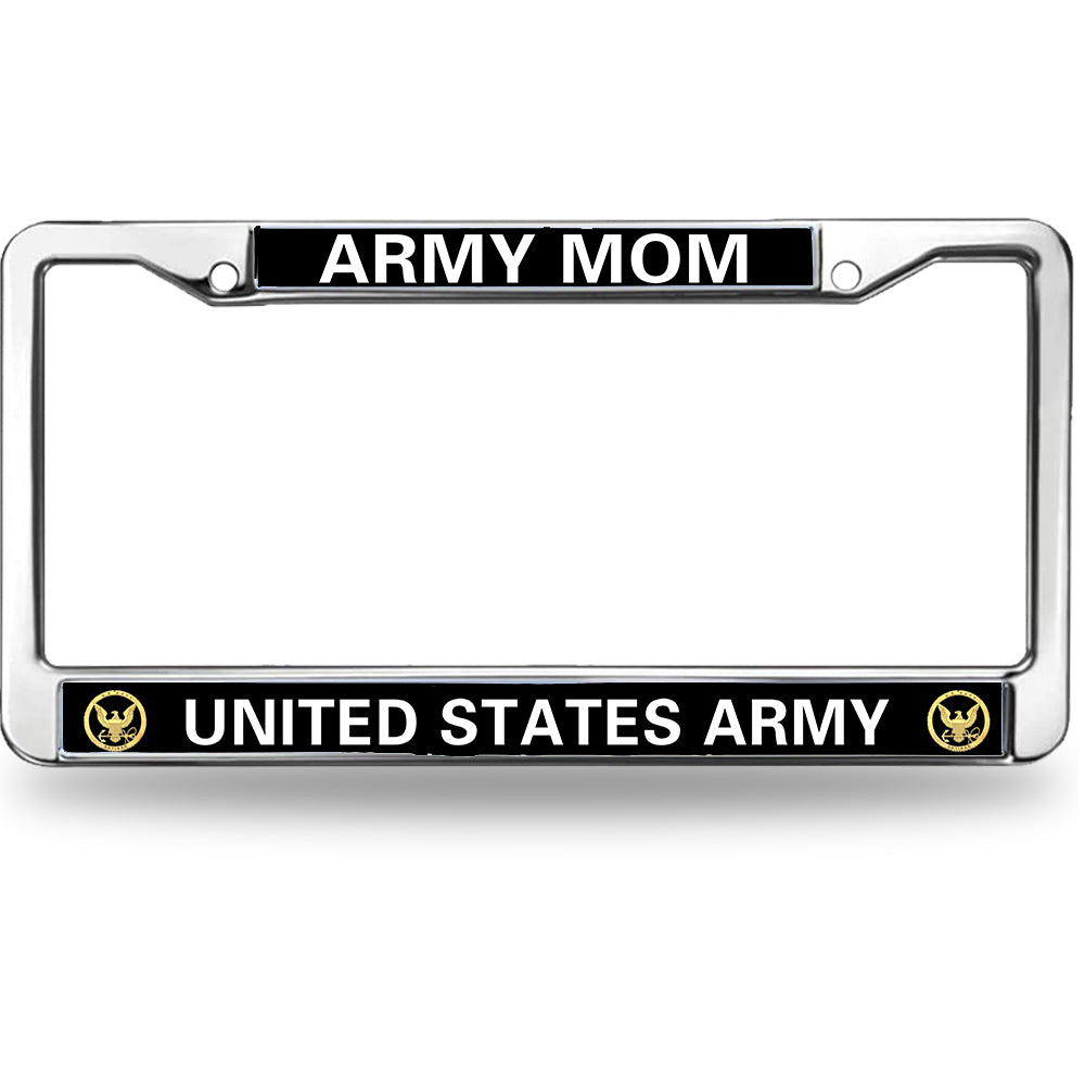 Army Mom License Plate Frame - United States Army Official Emblem Chrome Metal Car Tag Holder