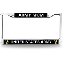 Army Mom License Plate Frame - United States Army Official Emblem Chrome Metal Car Tag Holder