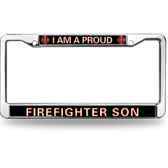 Proud Firefighter Son License Plate Frame - Chrome Metal Car Tag Holder with IAFF Logo