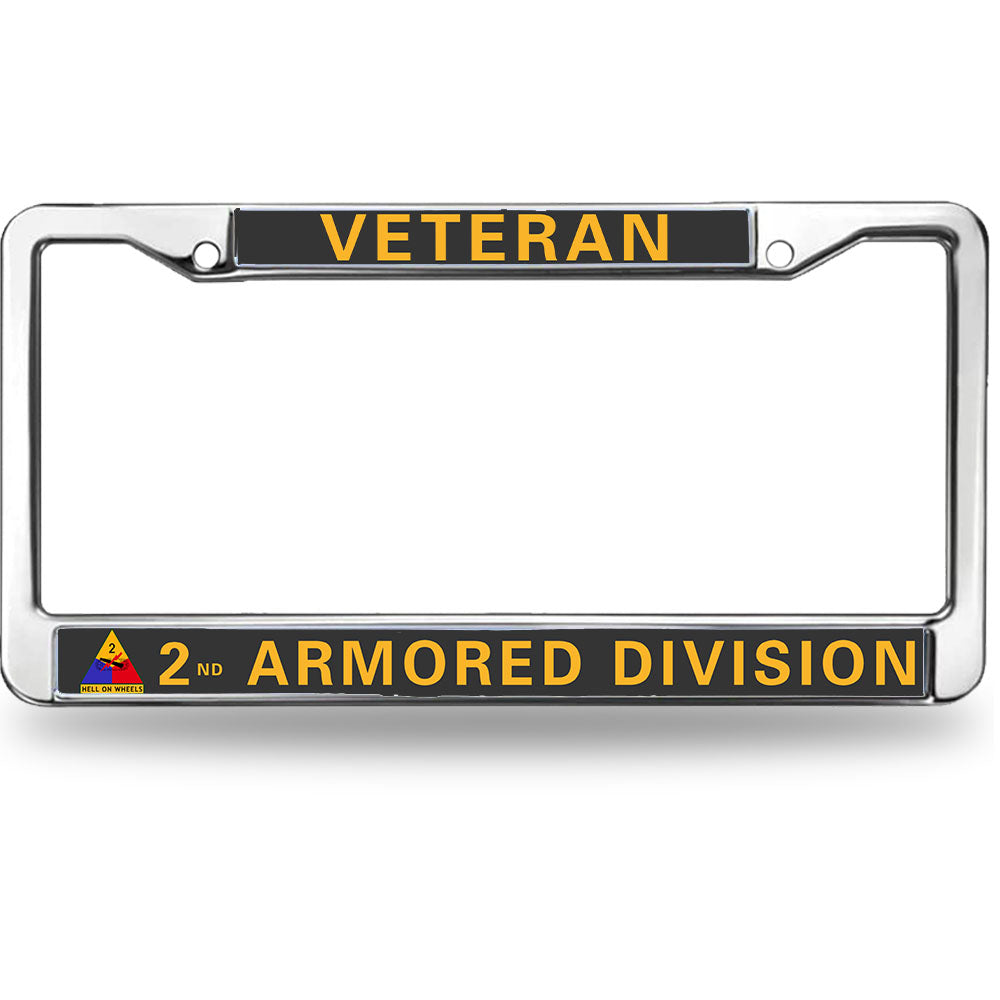 Veteran 2nd Armored Division License Plate Frame - Chrome Metal Military Car Tag Holder