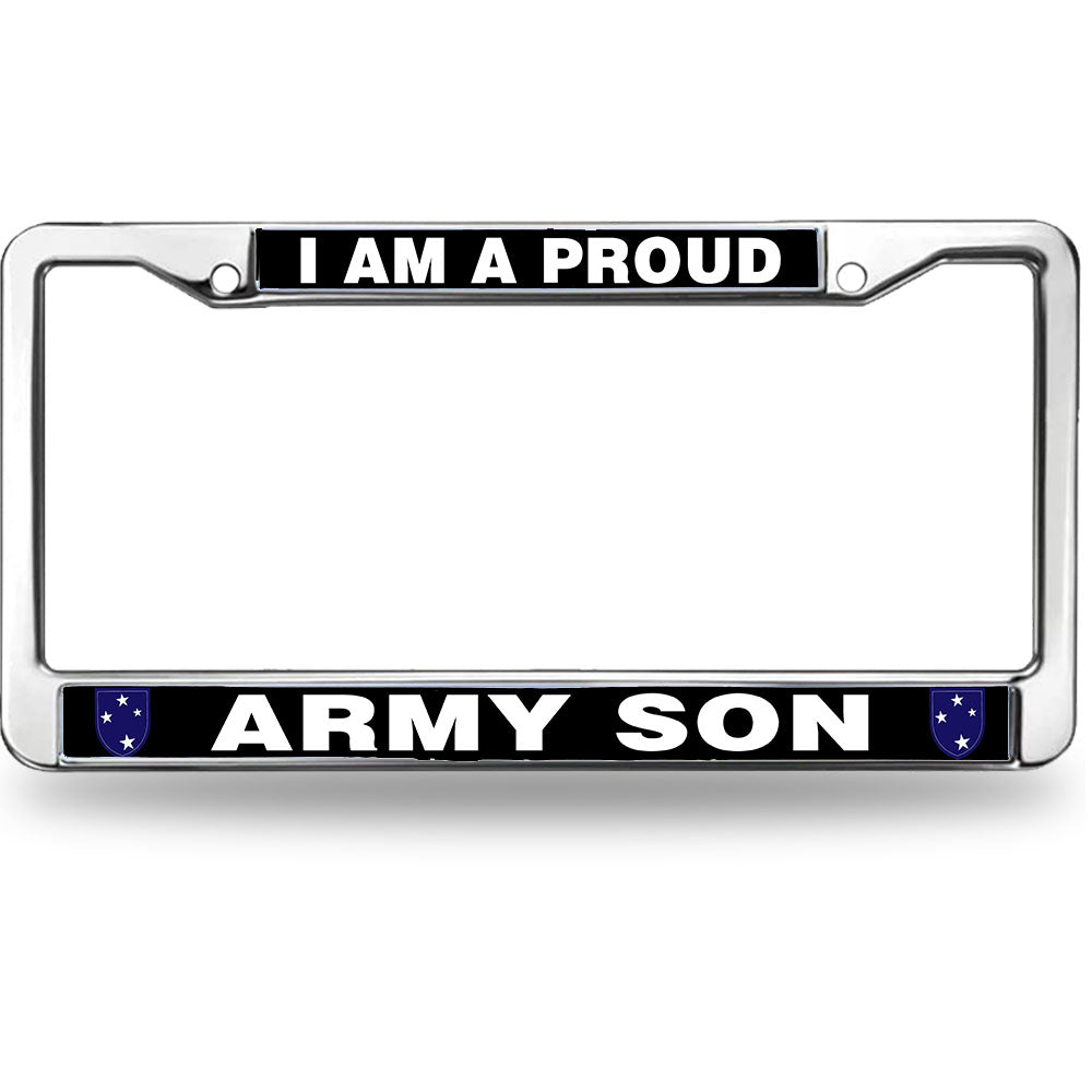 I Am A Proud Army Son License Plate Frame - Chrome Metal Military Car Tag with Blue Star Emblems
