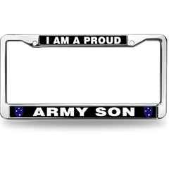 I Am A Proud Army Son License Plate Frame - Chrome Metal Military Car Tag with Blue Star Emblems