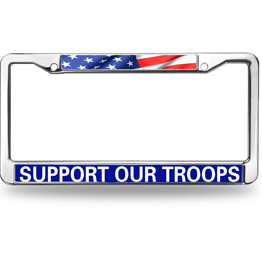 Support Our Troops License Plate Frame - American Flag Chrome Metal Patriotic Car Accessory