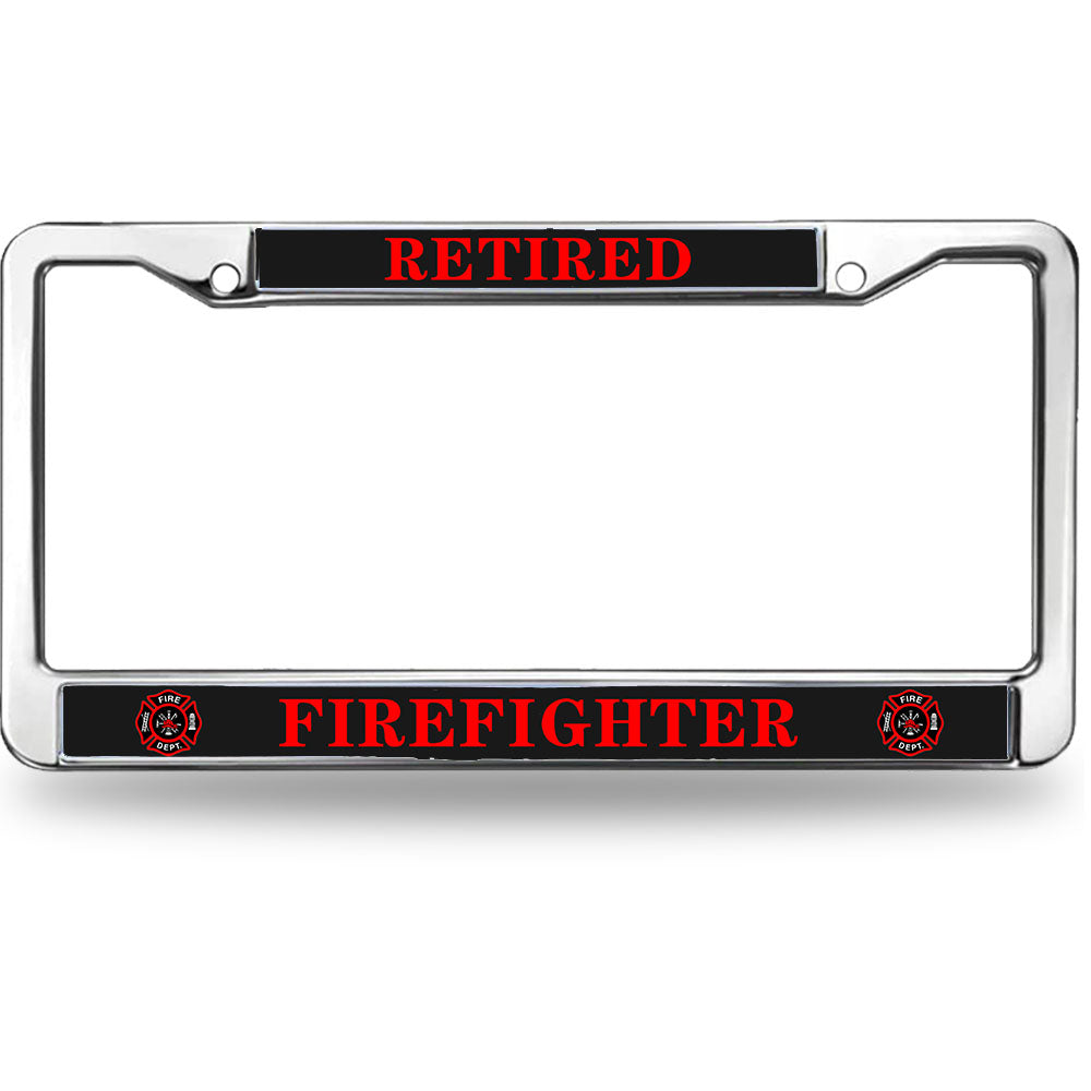Retired Firefighter License Plate Frame - Chrome Metal with Fire Department Emblem