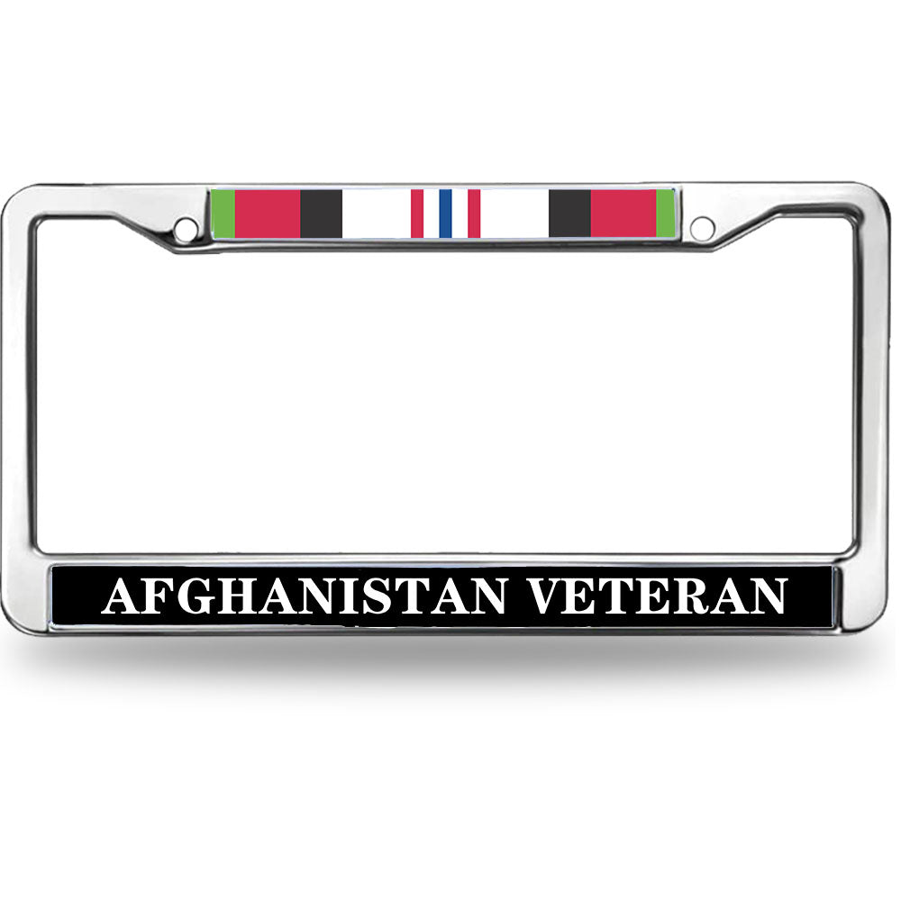 Afghanistan Veteran License Plate Frame - Chrome Metal Military Service Ribbon