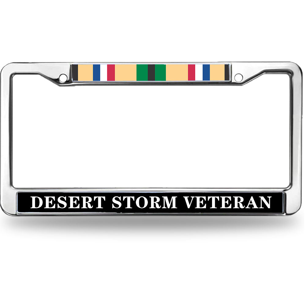 Desert Storm Veteran License Plate Frame with Service Ribbon - Chrome Metal Car Tag Holder