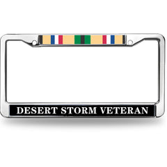 Desert Storm Veteran License Plate Frame with Service Ribbon - Chrome Metal Car Tag Holder