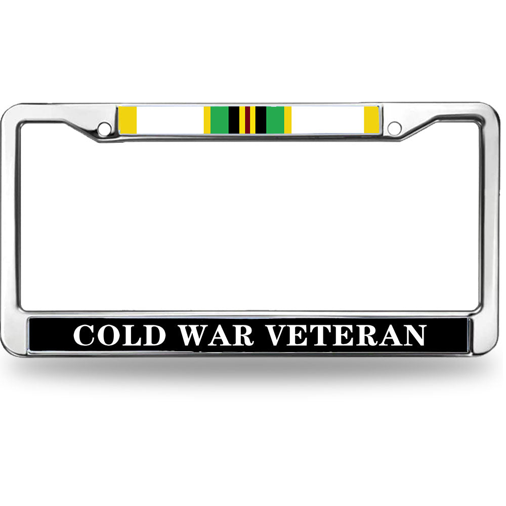 Cold War Veteran License Plate Frame with Service Ribbon - Chrome Metal Car Tag Holder