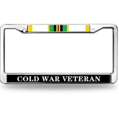 Cold War Veteran License Plate Frame with Service Ribbon - Chrome Metal Car Tag Holder