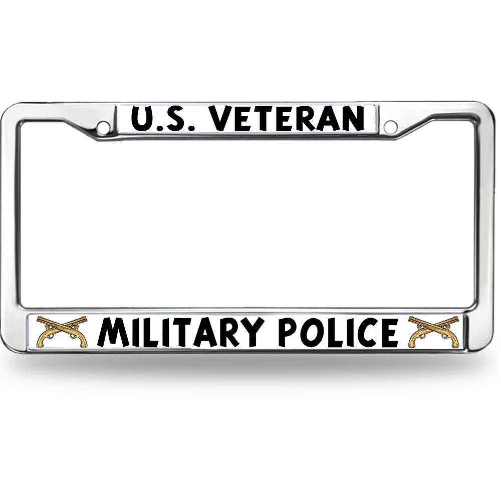 U.S. Veteran Military Police License Plate Frame - Chrome Metal with Crossed Pistols Emblem