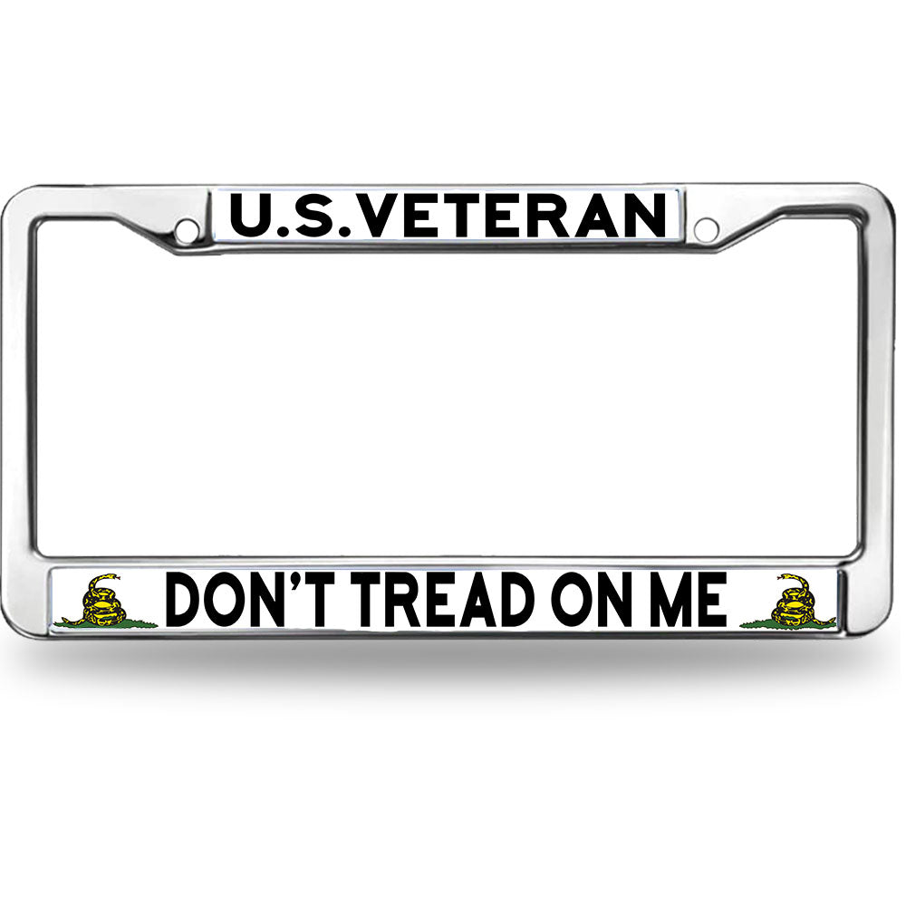 U.S. Veteran License Plate Frame - Don't Tread On Me Chrome Metal Car Tag Holder