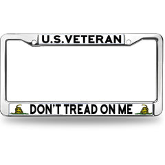 U.S. Veteran License Plate Frame - Don't Tread On Me Chrome Metal Car Tag Holder