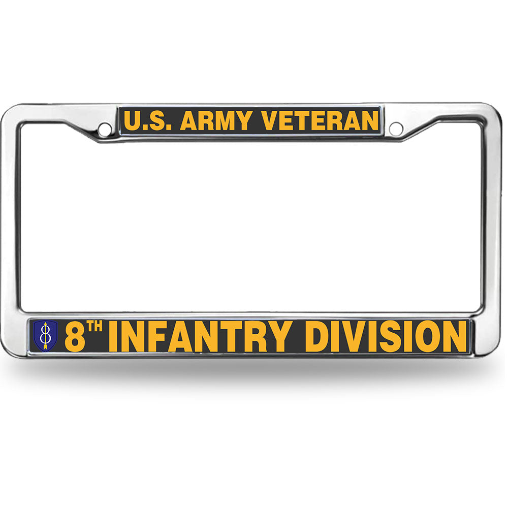 U.S. Army Veteran 8th Infantry Division License Plate Frame - Chrome Metal Military Car Tag Holder