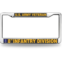 U.S. Army Veteran 8th Infantry Division License Plate Frame - Chrome Metal Military Car Tag Holder