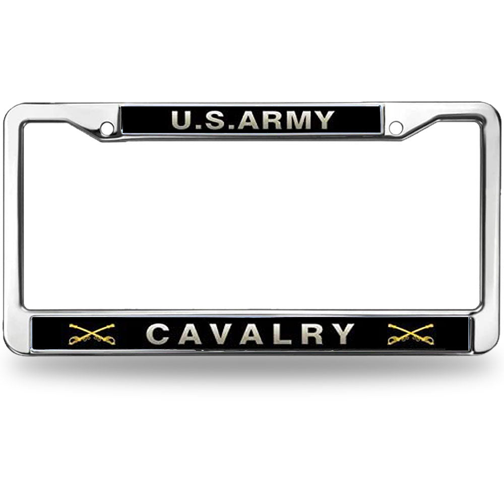 U.S. Army Cavalry License Plate Frame - Chrome Metal Military Car Tag Holder with Crossed Sabers