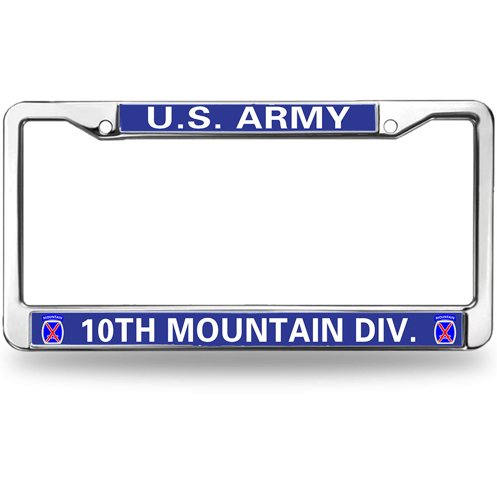 U.S. Army 10th Mountain Division License Plate Frame - Chrome Metal Military Car Tag Holder