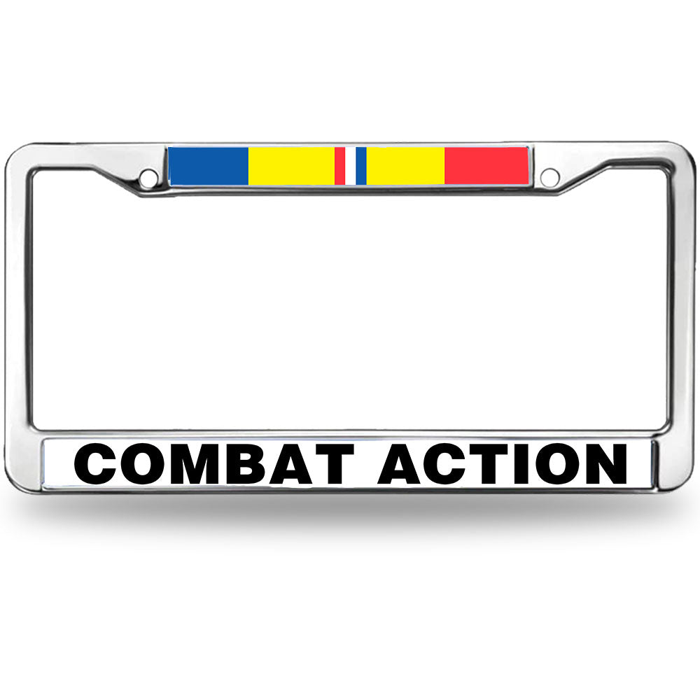 Combat Action Ribbon License Plate Frame - Chrome Metal Military Car Accessory