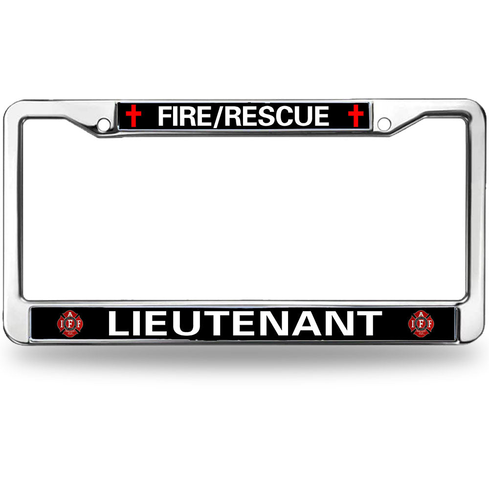 Fire Rescue Lieutenant License Plate Frame - Chrome Metal with Red Maltese Cross
