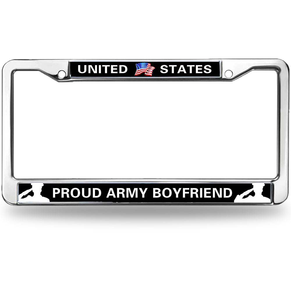Proud Army Boyfriend License Plate Frame - United States Flag Chrome Metal Car Accessory