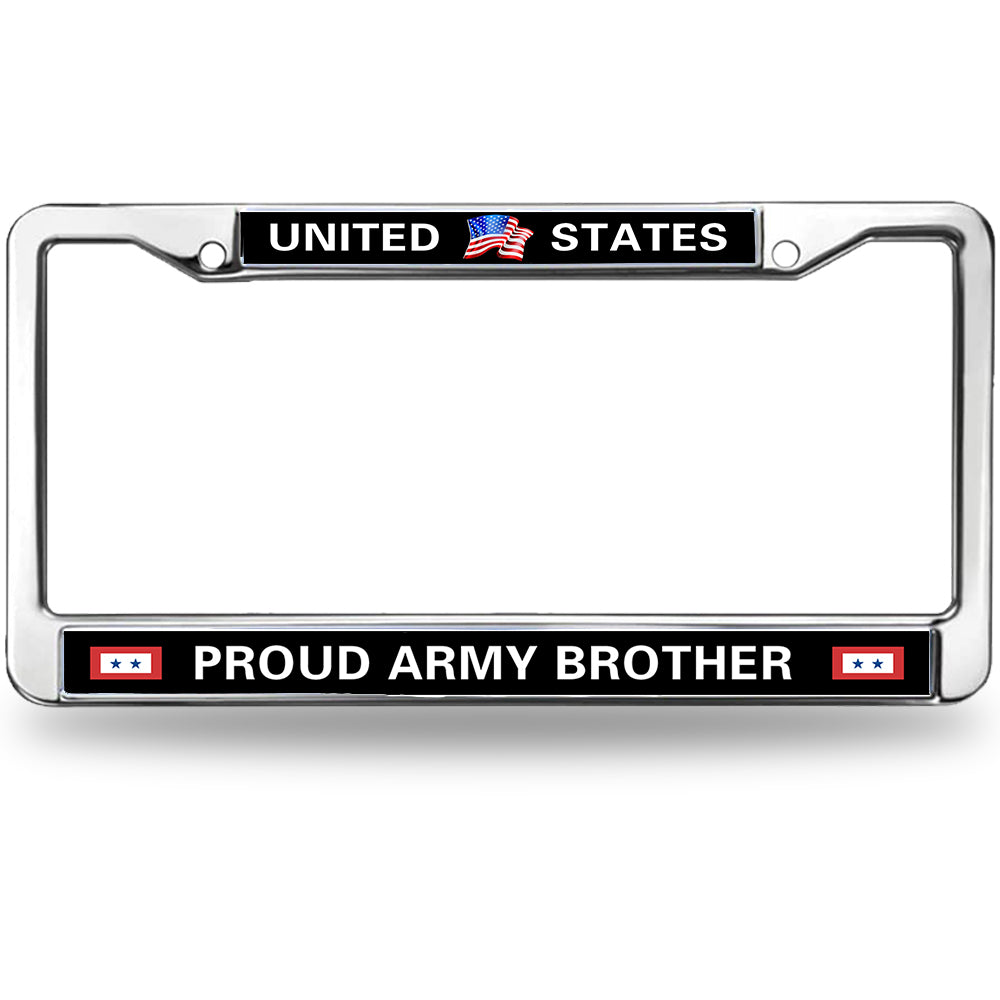 Proud Army Brother License Plate Frame - United States Flag Chrome Metal Car Accessory