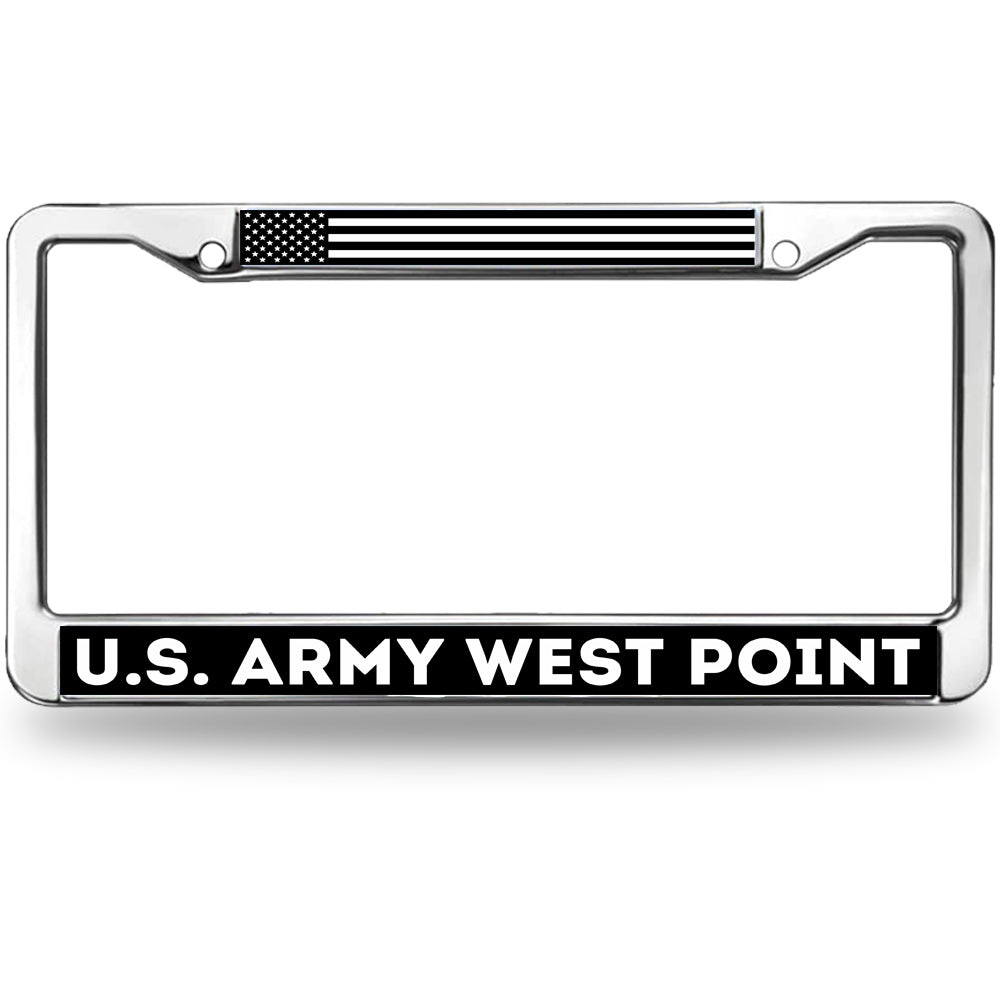 U.S. Army West Point License Plate Frame - Chrome Metal with American Flag USMA Car Tag