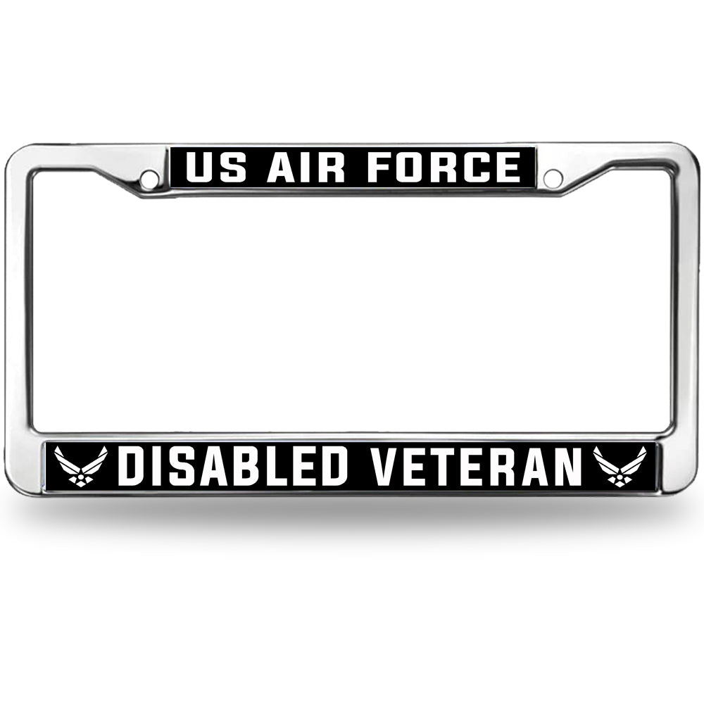 US Air Force Disabled Veteran License Plate Frame - Chrome Metal Car Tag Holder